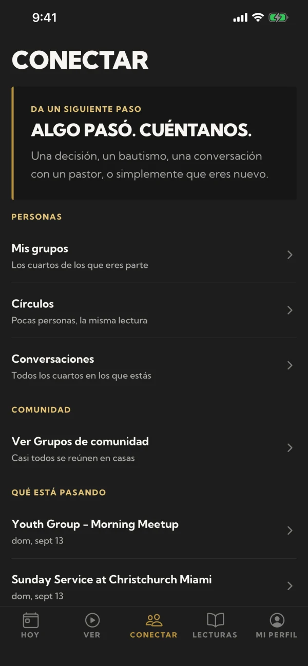 La pestaña Conectar: tus grupos, los círculos de lectura, las conversaciones y lo que viene esta semana.