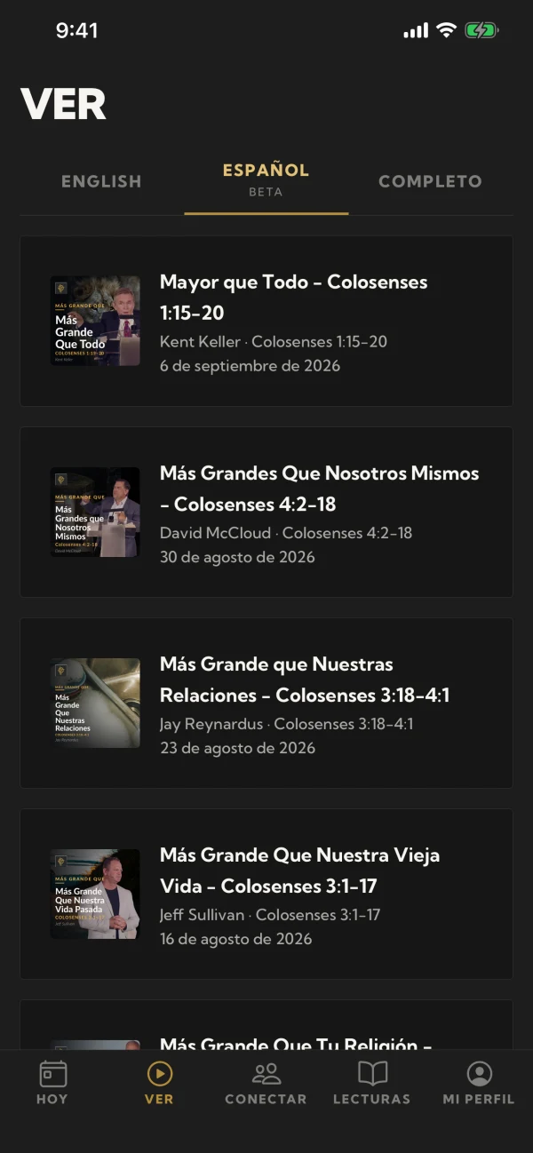 La pestaña Ver, con los sermones en español: Mayor que Todo, Más Grandes Que Nosotros Mismos, y el archivo completo.