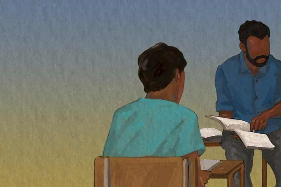 Illustration of a teacher leading a small group Bible study