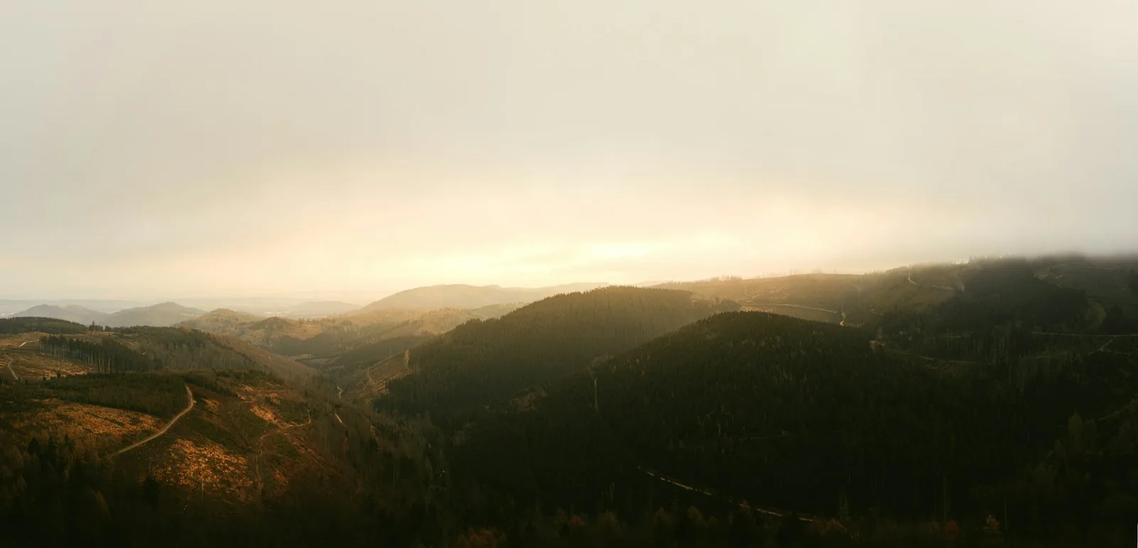 A misty mountain range catching the first golden light at sunrise.